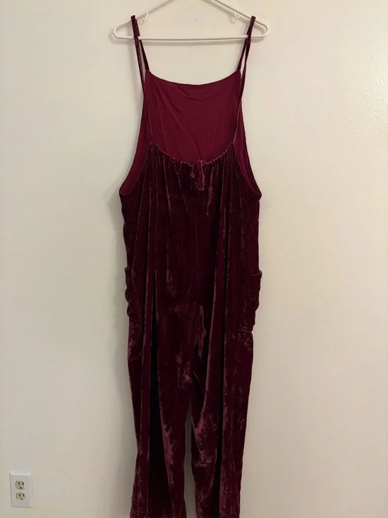 Free People Velvet Jumpsuit Wide Leg Burgundy Boho Overalls Adjustable Large - Picture 10 of 11